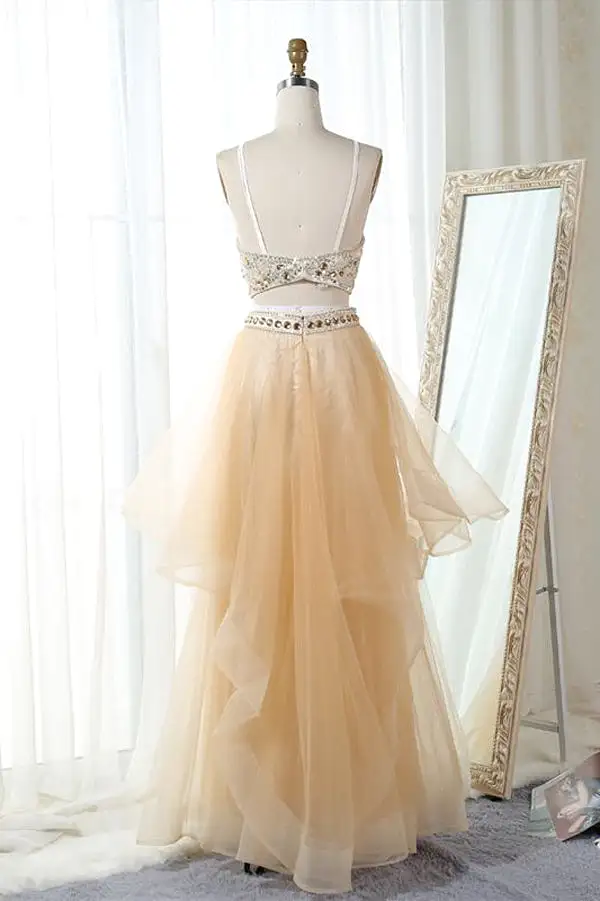 Pink Two Piece Floor Length Halter Sleeveless Backless Beading Prom Dresses