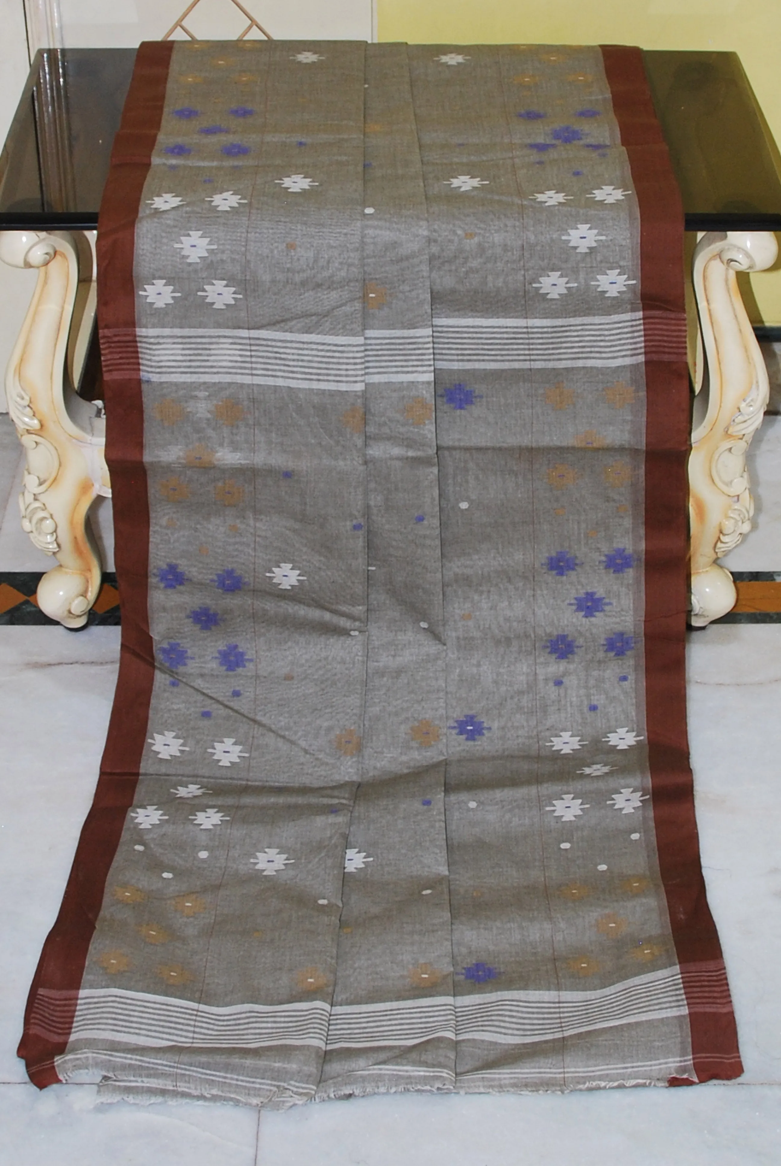 Poth Border Karat Woven Work Pure Cotton Jamdani Saree in Bark Brown, Chocolate Brown and Multicolored Thread Work