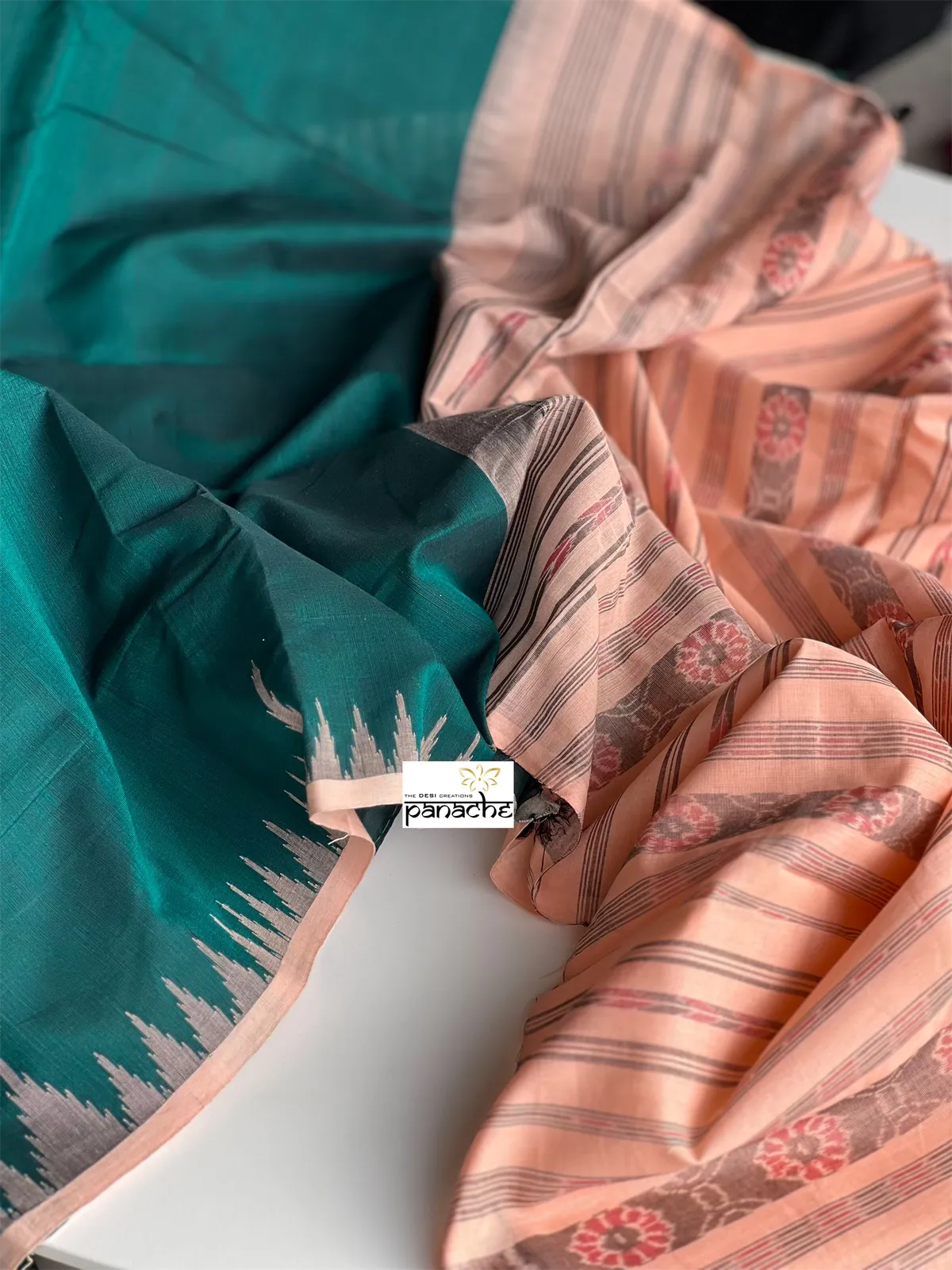 Pure Cotton Sambalpuri Handloom - Teal Green Peach Woven