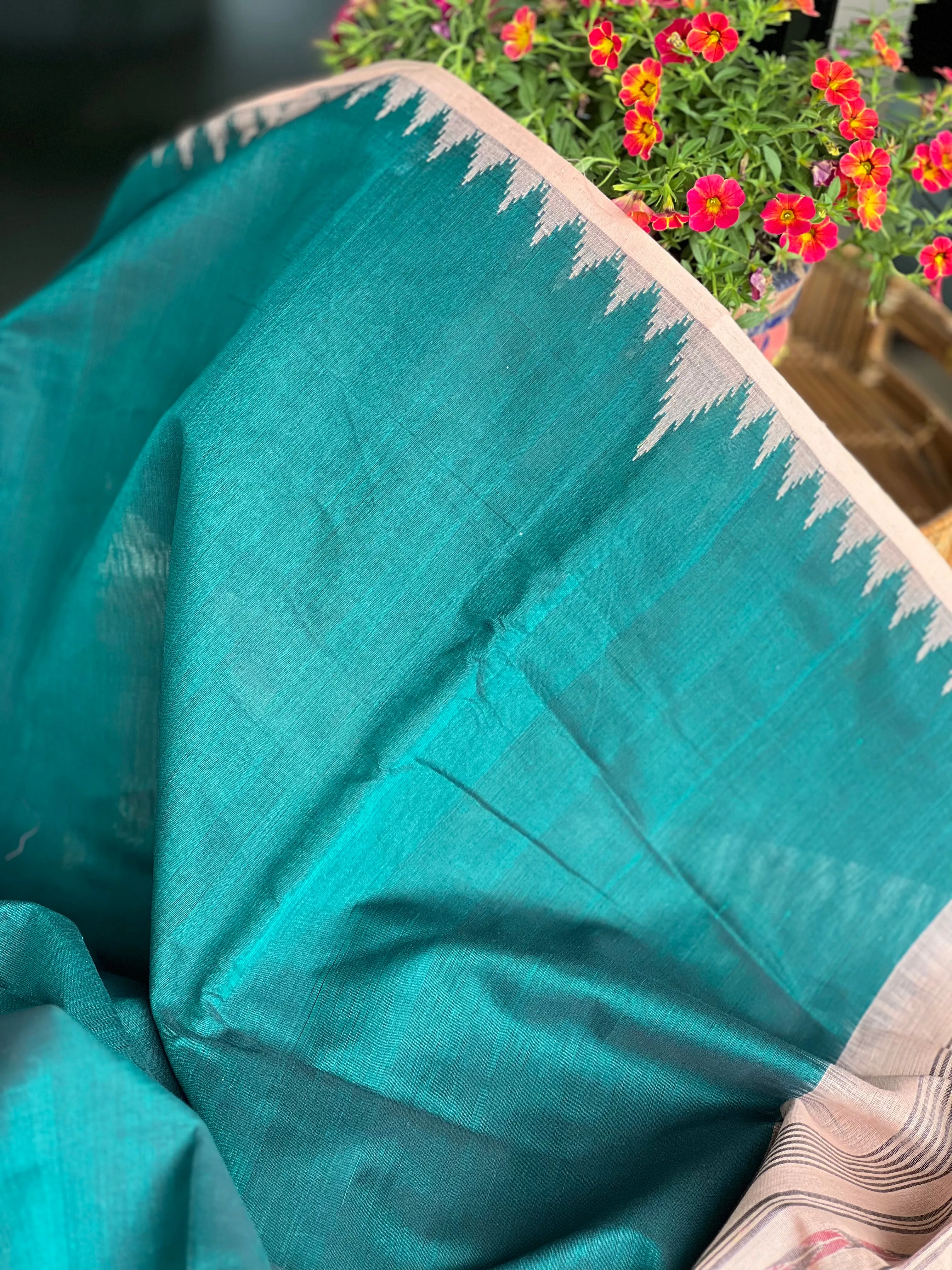 Pure Cotton Sambalpuri Handloom - Teal Green Peach Woven