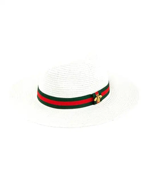 Red & Green Stripe Band Straw Hat with Bee- White