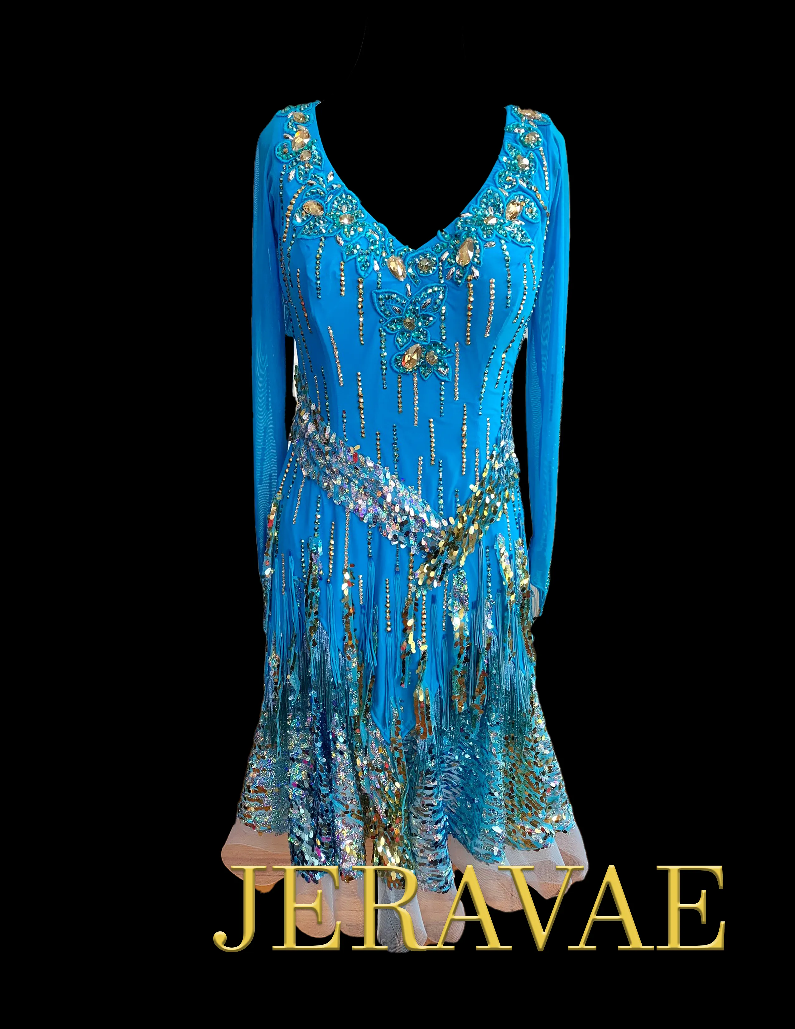 Resale Artistry in Motion Ocean Blue Long Sleeve Latin Dress with Sequins, V-Neckline, Swarovski Stones, Fringe, and Exposed Hor