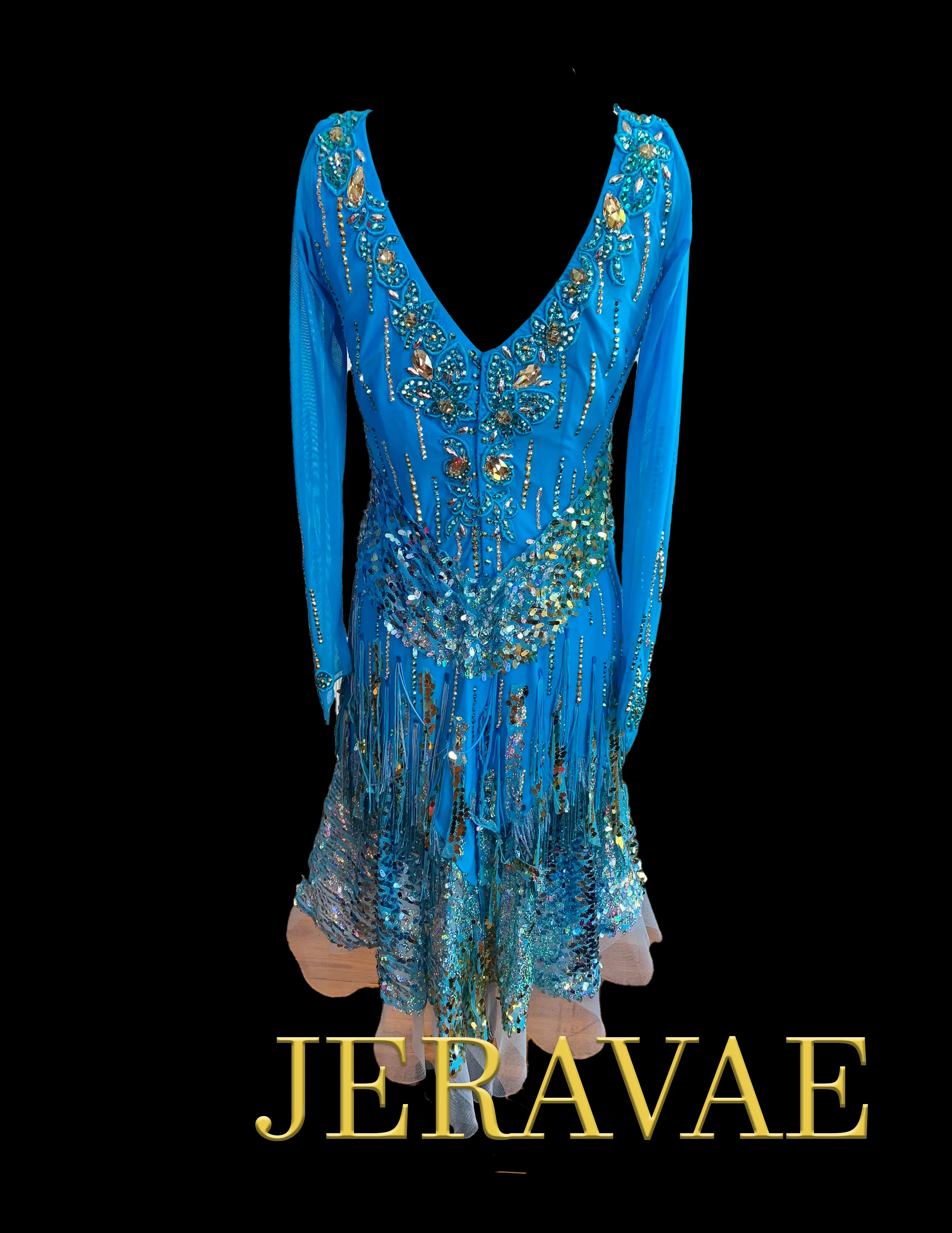 Resale Artistry in Motion Ocean Blue Long Sleeve Latin Dress with Sequins, V-Neckline, Swarovski Stones, Fringe, and Exposed Hor