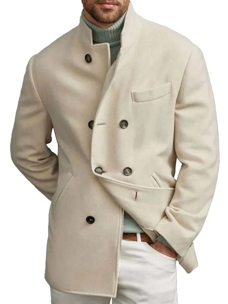 Retro Solid Color Wool Double-Breasted Multi-Pocket Casual Coat