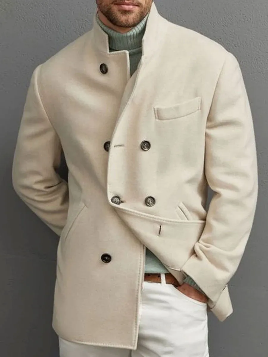 Retro Solid Color Wool Double-Breasted Multi-Pocket Casual Coat