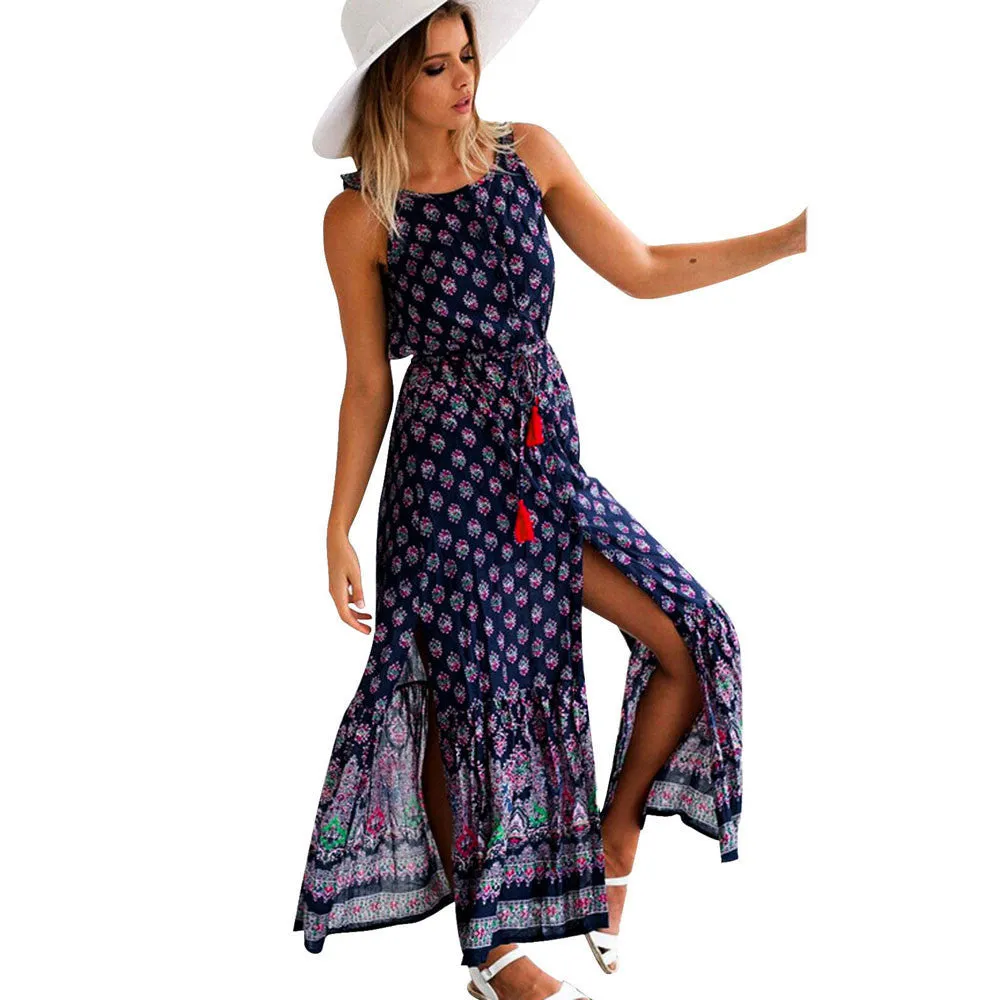 Robe Women Sexy Vintage Backless Sleeveless Printed Open Fork Maxi Long Dress Feida