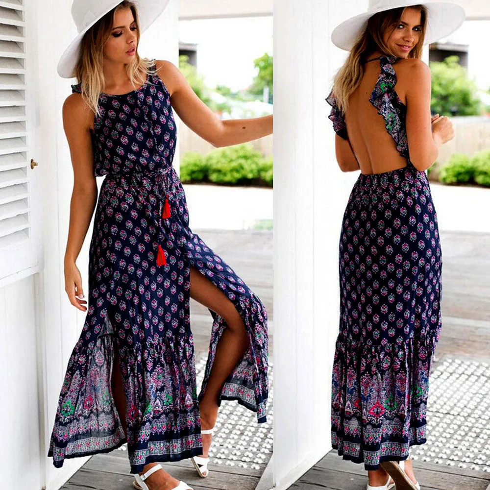 Robe Women Sexy Vintage Backless Sleeveless Printed Open Fork Maxi Long Dress Feida