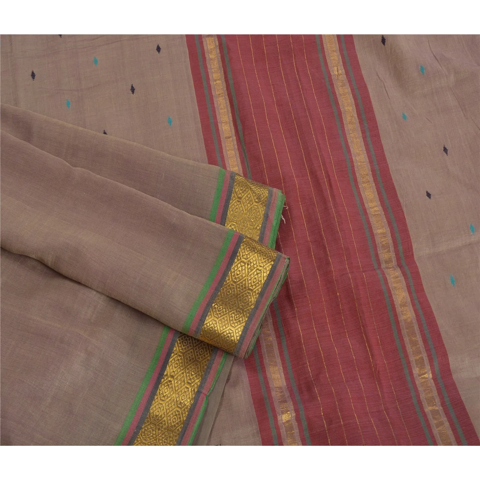 Sanskriti Vintage Brown Indian Sarees 100% Pure Cotton Woven Zari Sari Fabric