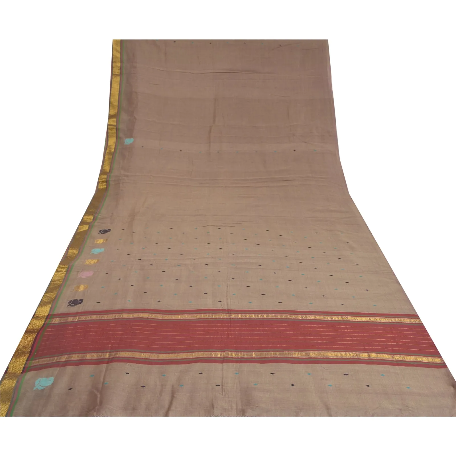 Sanskriti Vintage Brown Indian Sarees 100% Pure Cotton Woven Zari Sari Fabric