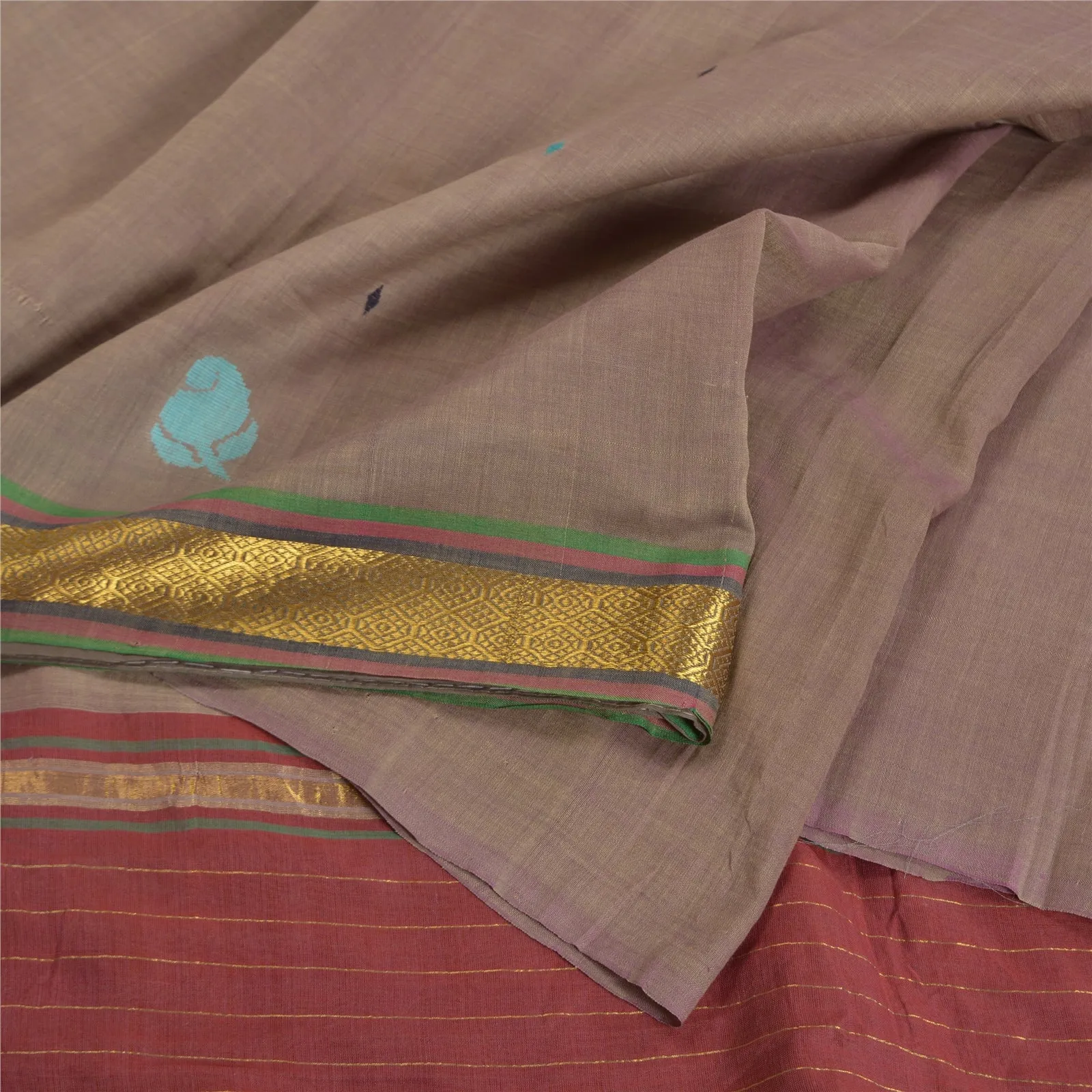 Sanskriti Vintage Brown Indian Sarees 100% Pure Cotton Woven Zari Sari Fabric