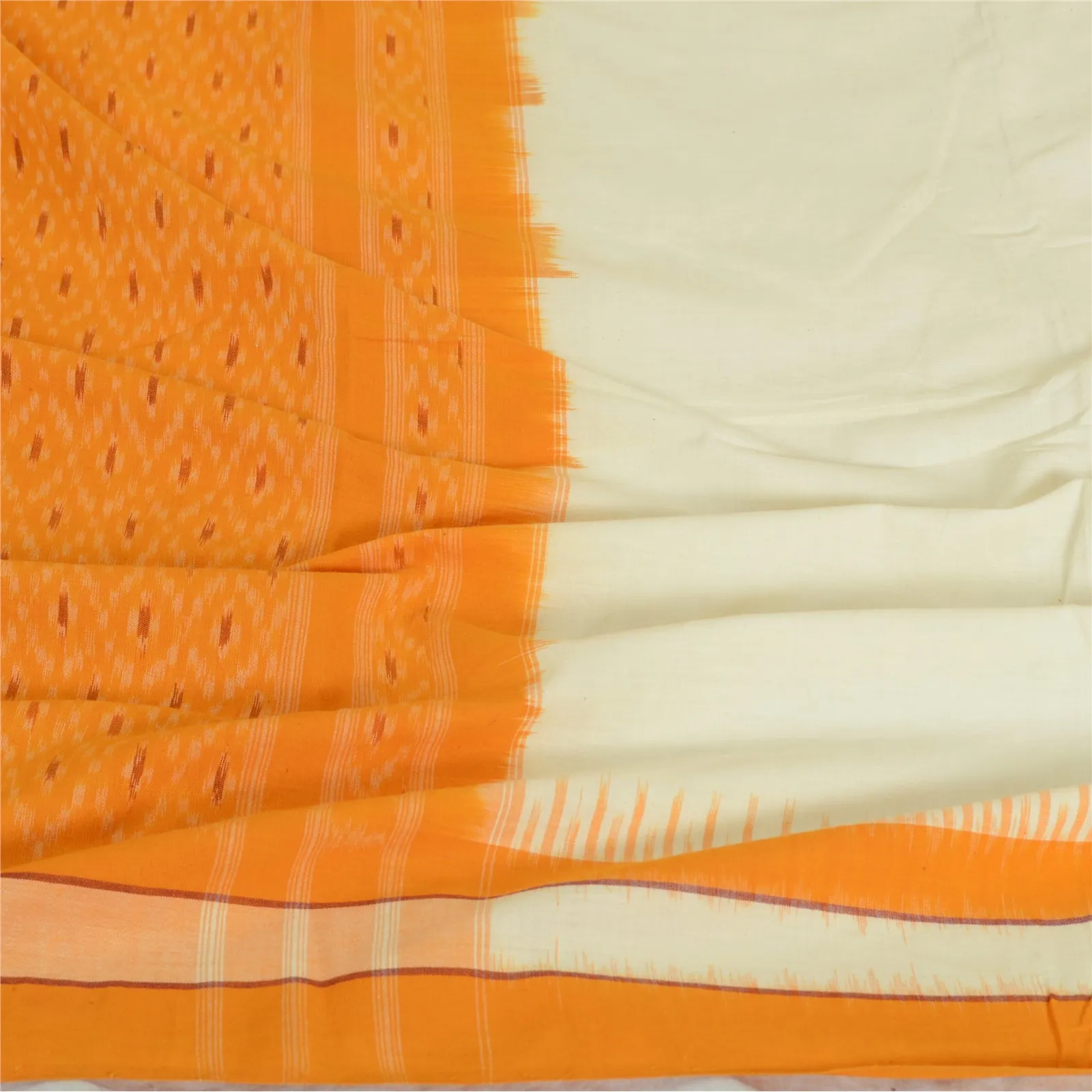 Sanskriti Vintage Long Dupatta Stole Pure Cotton White/Saffron Woven Ikat Hijab