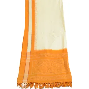 Sanskriti Vintage Long Dupatta Stole Pure Cotton White/Saffron Woven Ikat Hijab