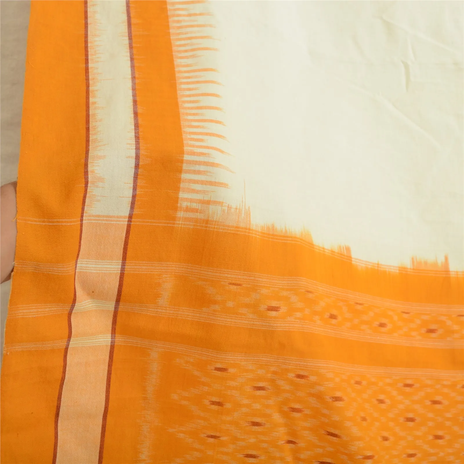 Sanskriti Vintage Long Dupatta Stole Pure Cotton White/Saffron Woven Ikat Hijab