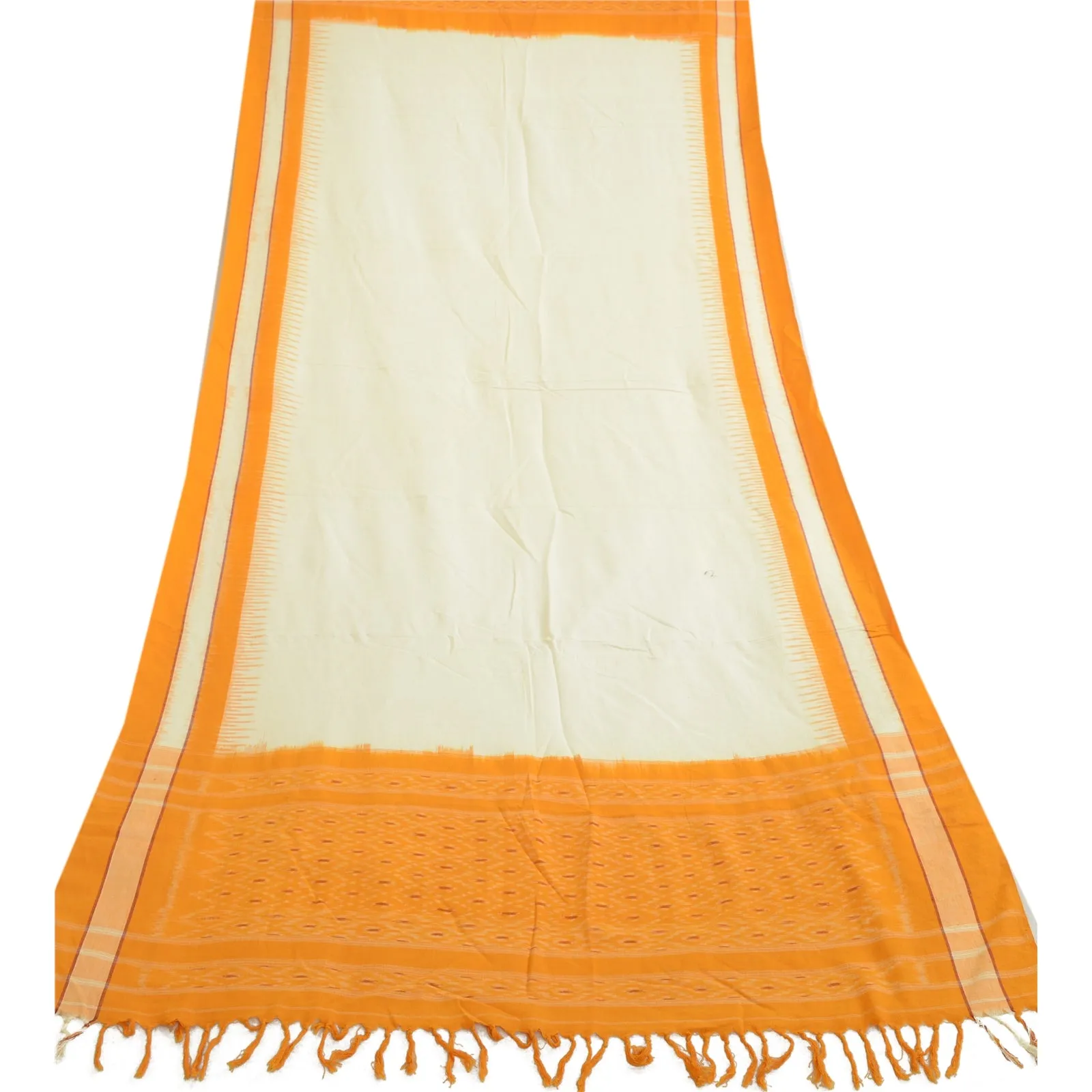 Sanskriti Vintage Long Dupatta Stole Pure Cotton White/Saffron Woven Ikat Hijab