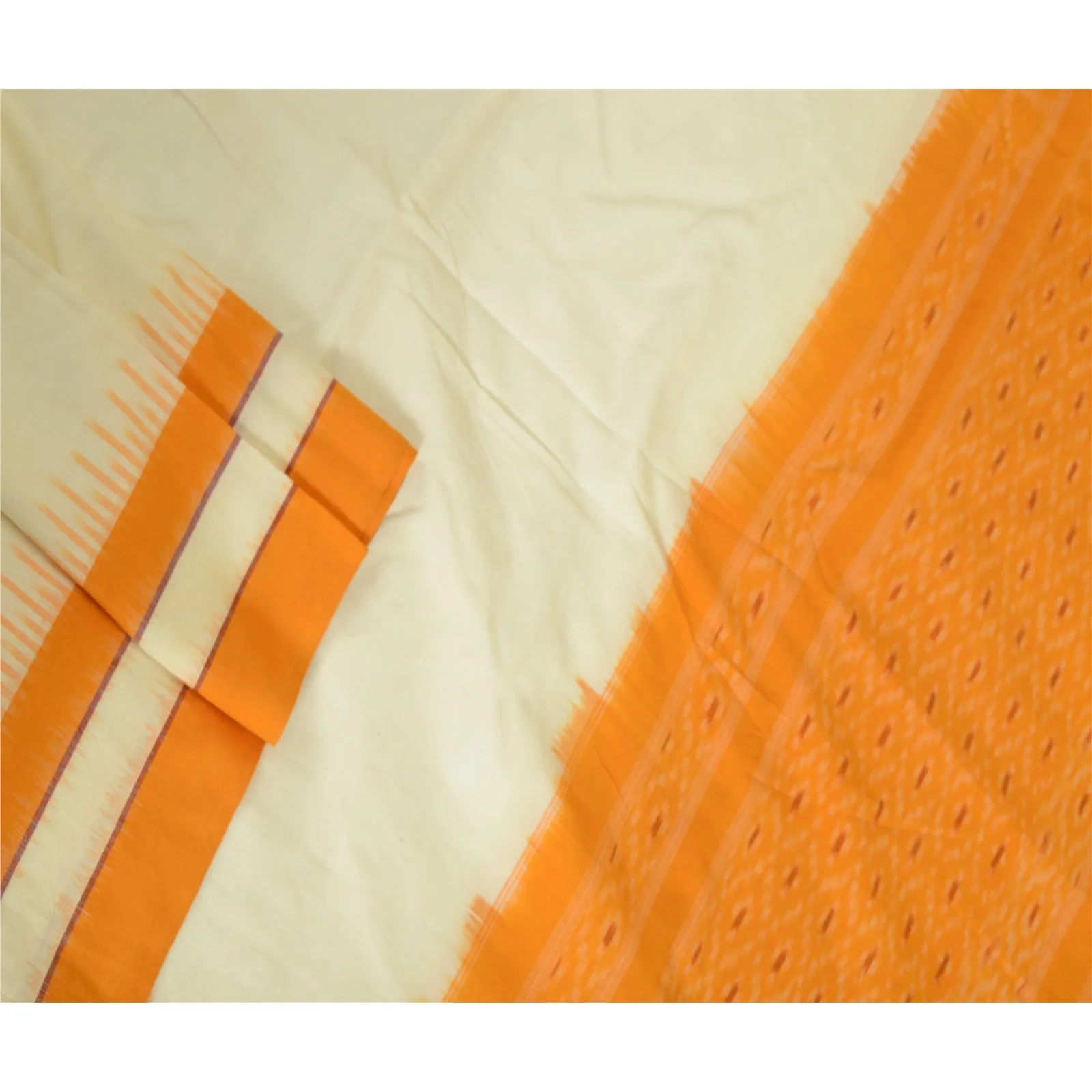 Sanskriti Vintage Long Dupatta Stole Pure Cotton White/Saffron Woven Ikat Hijab