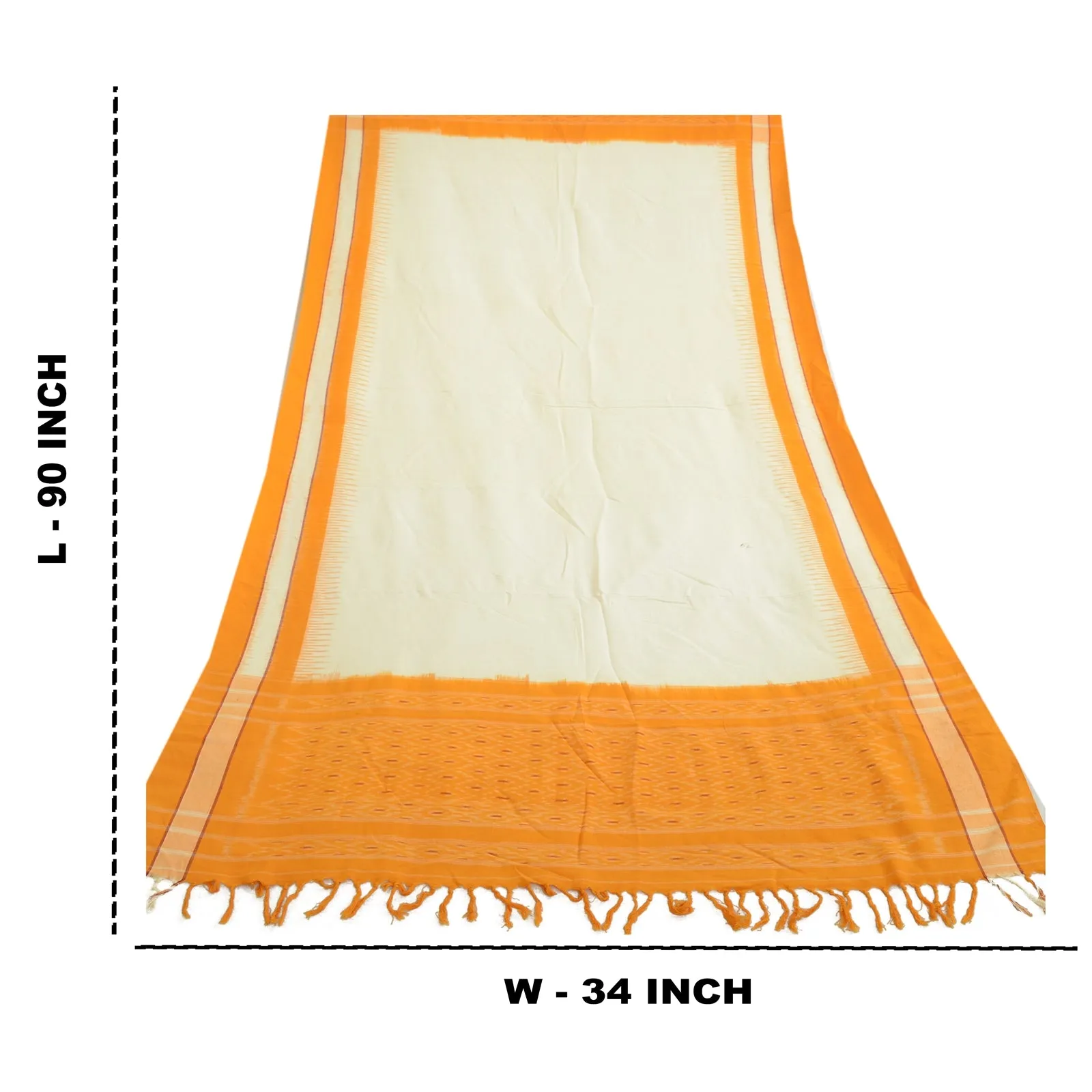 Sanskriti Vintage Long Dupatta Stole Pure Cotton White/Saffron Woven Ikat Hijab