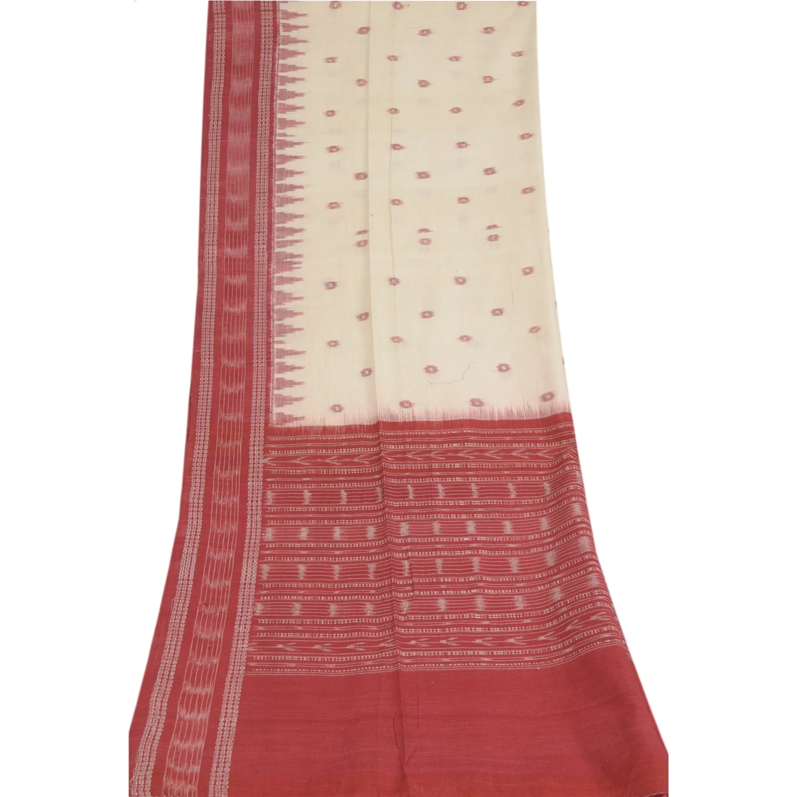 Sanskriti Vintage Long Stole Dark Red Pure Cotton White/Red Woven Ikat Hijab