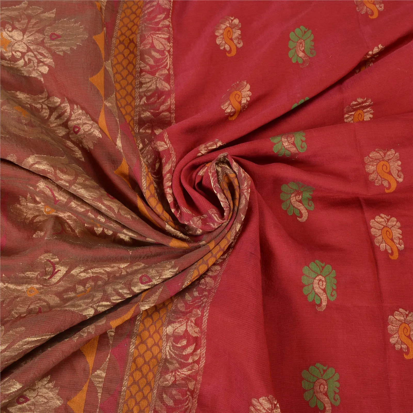 Sanskriti Vintage Red Indian Sarees 100% Pure Cotton Woven Sari Craft Fabric