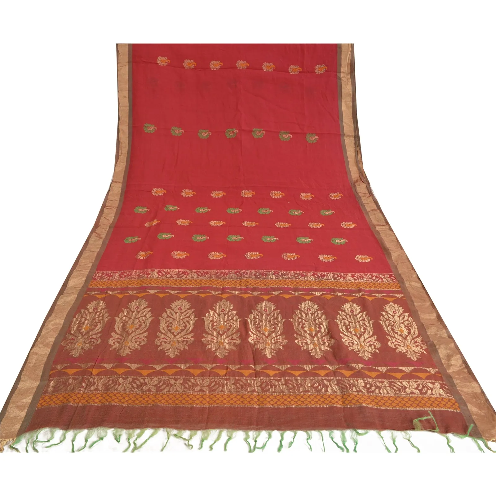 Sanskriti Vintage Red Indian Sarees 100% Pure Cotton Woven Sari Craft Fabric