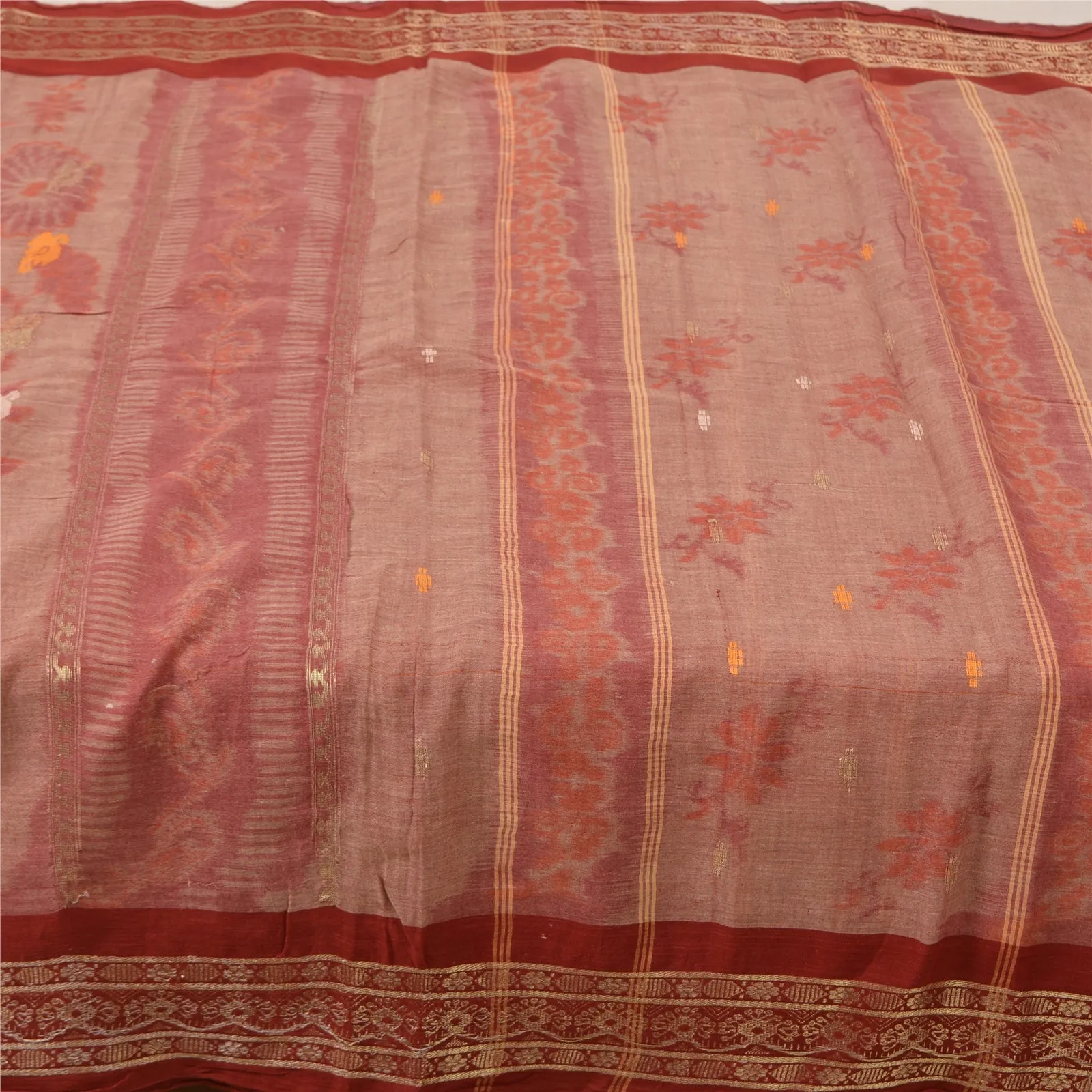 Sanskriti Vintage Sarees Red Bengali Tant Woven Pure Cotton Sari Craft Fabric