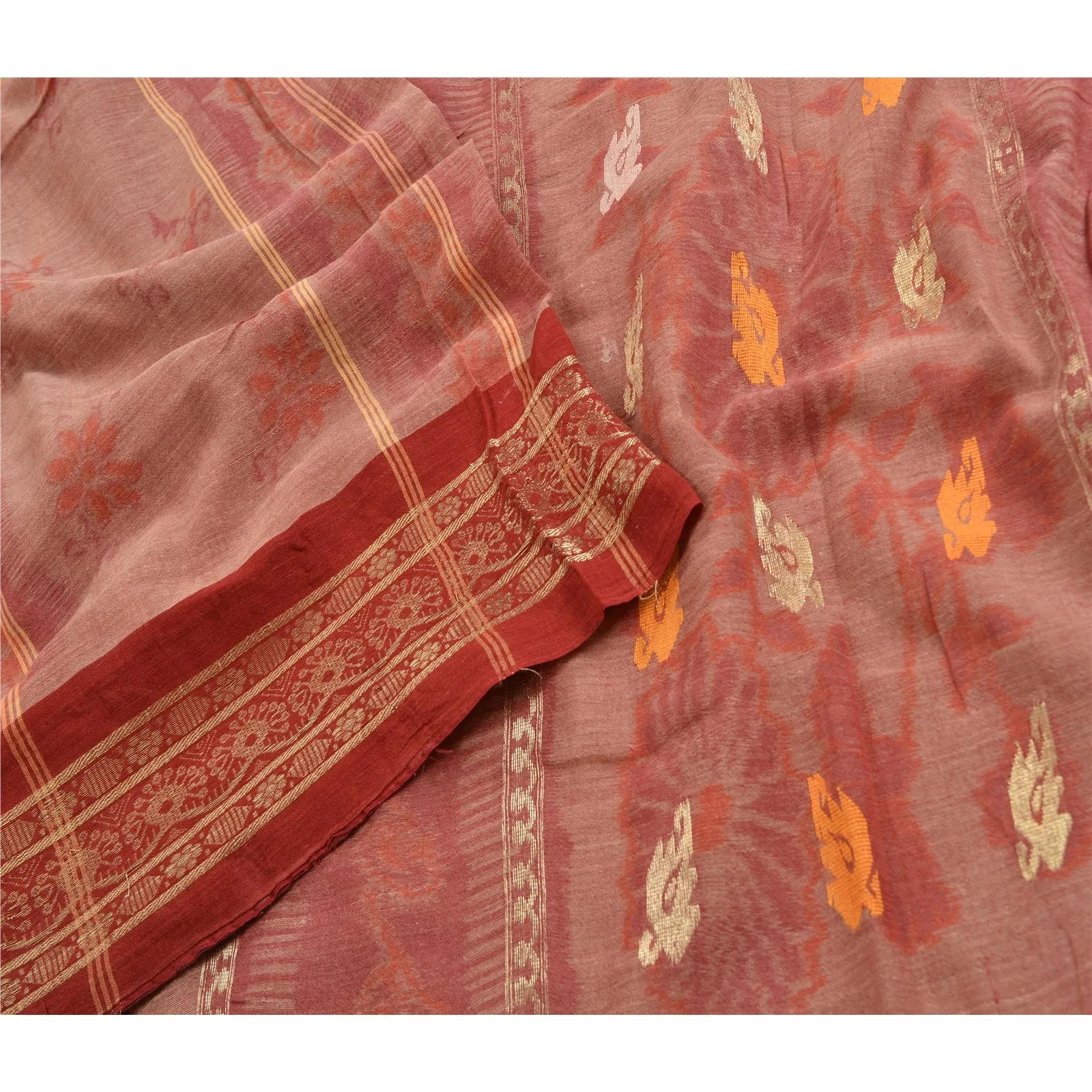 Sanskriti Vintage Sarees Red Bengali Tant Woven Pure Cotton Sari Craft Fabric