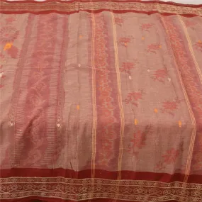 Sanskriti Vintage Sarees Red Bengali Tant Woven Pure Cotton Sari Craft Fabric