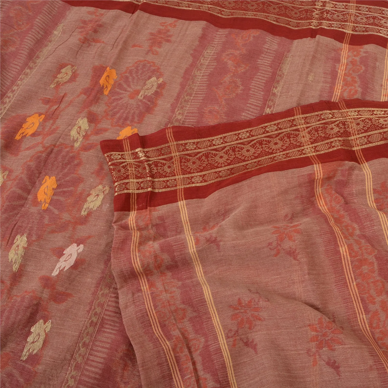 Sanskriti Vintage Sarees Red Bengali Tant Woven Pure Cotton Sari Craft Fabric