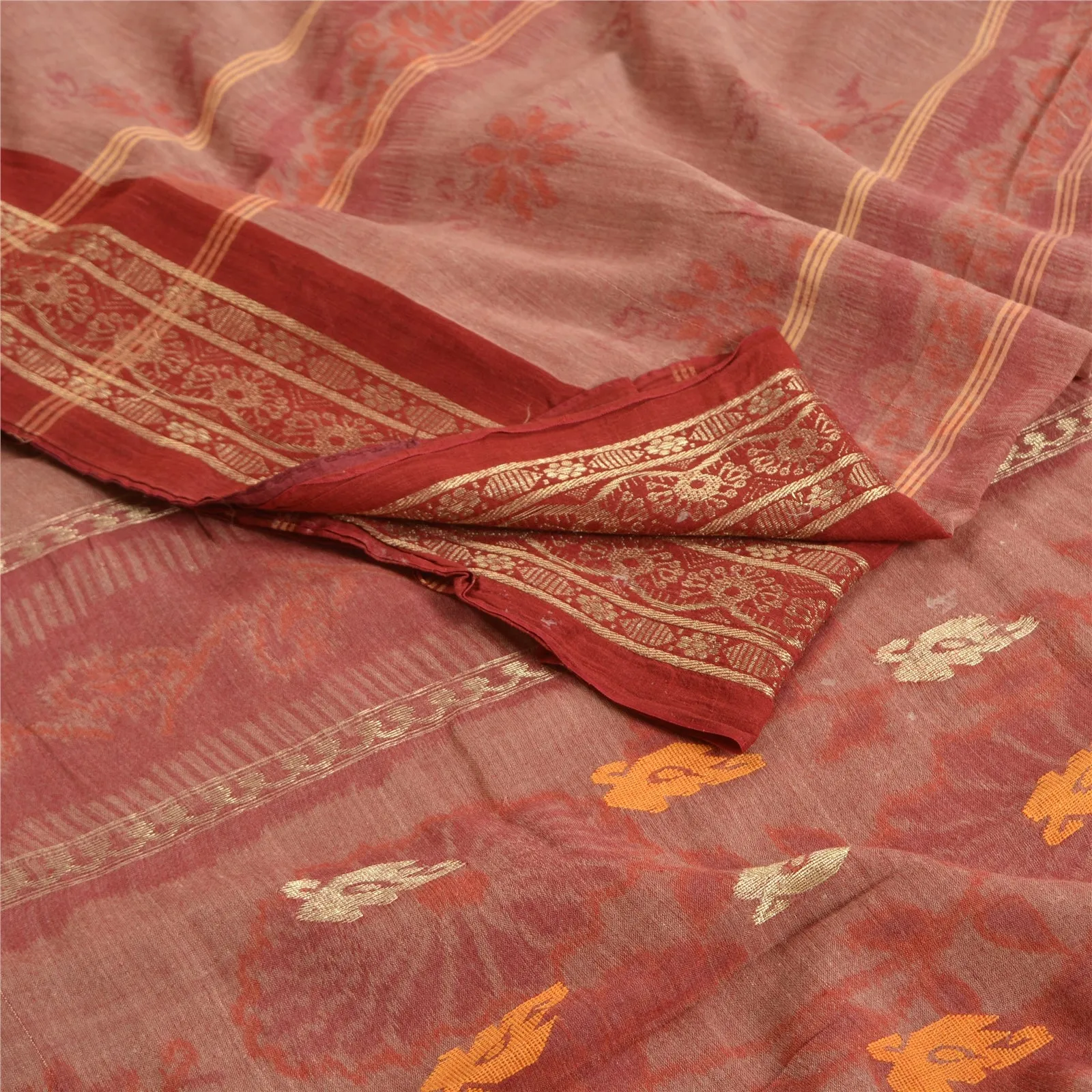 Sanskriti Vintage Sarees Red Bengali Tant Woven Pure Cotton Sari Craft Fabric