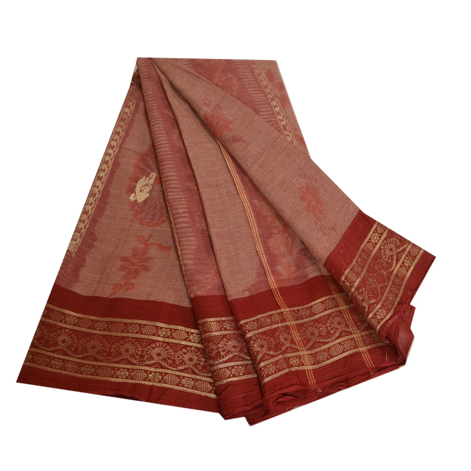 Sanskriti Vintage Sarees Red Bengali Tant Woven Pure Cotton Sari Craft Fabric