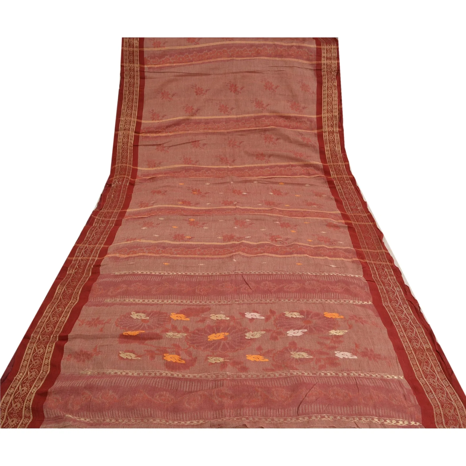 Sanskriti Vintage Sarees Red Bengali Tant Woven Pure Cotton Sari Craft Fabric