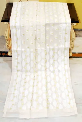 Self Woven Nakshi Work Cotton Muslin Jamdani Saree in Off White, White and Golden