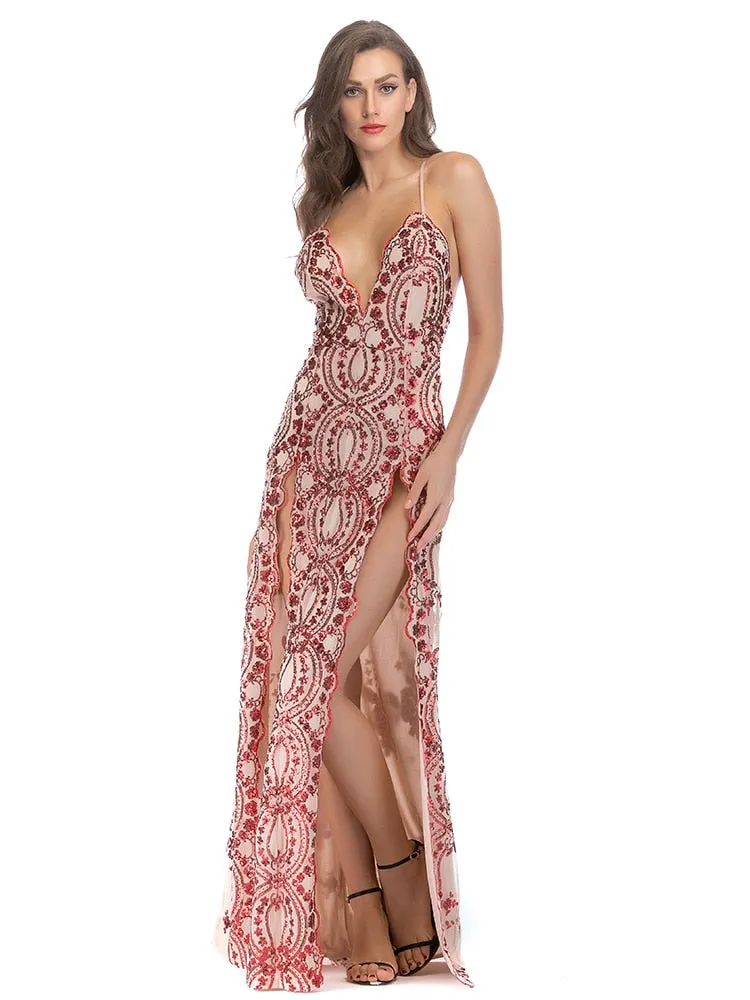 Sexy Sleeveless Cocktail Dress High Split Robe De Soriee Spaghetti Strap Sequins Embroider Formal Dress V-Neck Party Gown