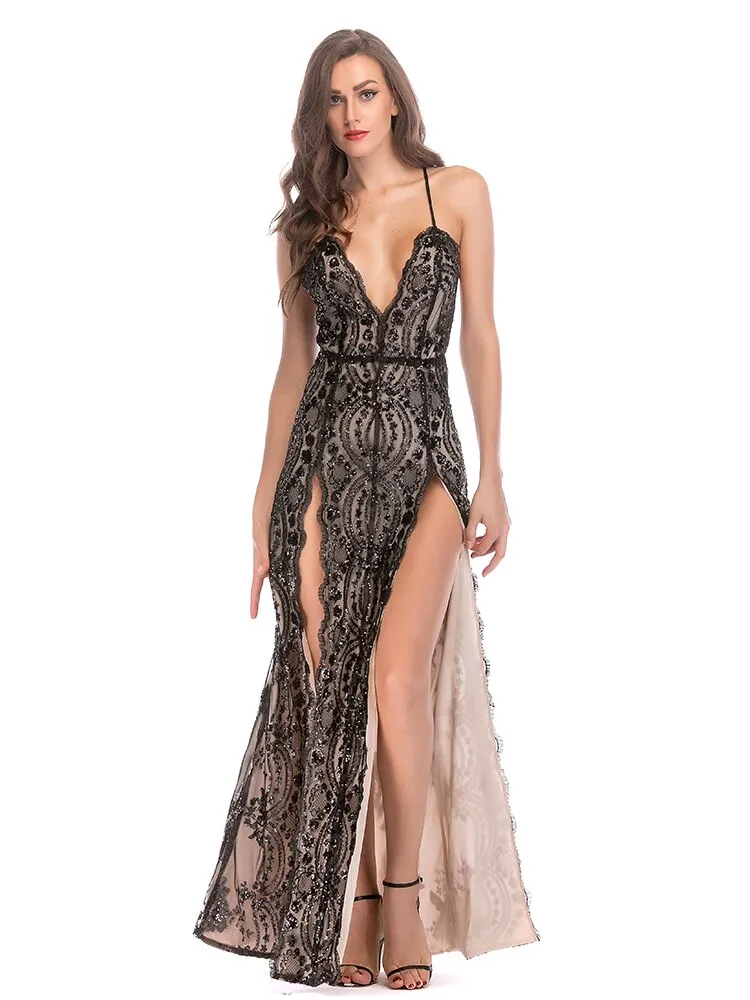 Sexy Sleeveless Cocktail Dress High Split Robe De Soriee Spaghetti Strap Sequins Embroider Formal Dress V-Neck Party Gown