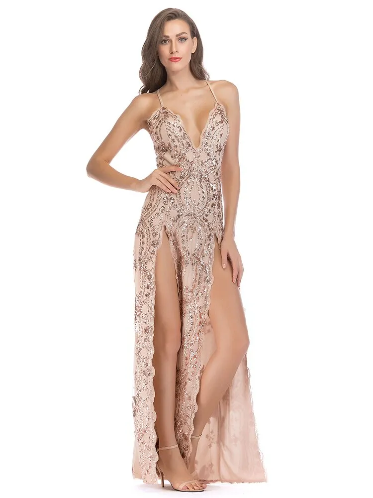 Sexy Sleeveless Cocktail Dress High Split Robe De Soriee Spaghetti Strap Sequins Embroider Formal Dress V-Neck Party Gown