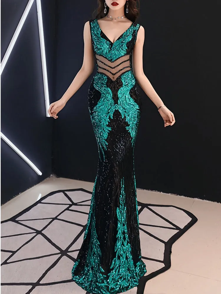 Sexy V-Neck Waist Cut-out Formal Sleeveless V-Back Mermaid Party Dress Shinng Sequins Embroider Dress