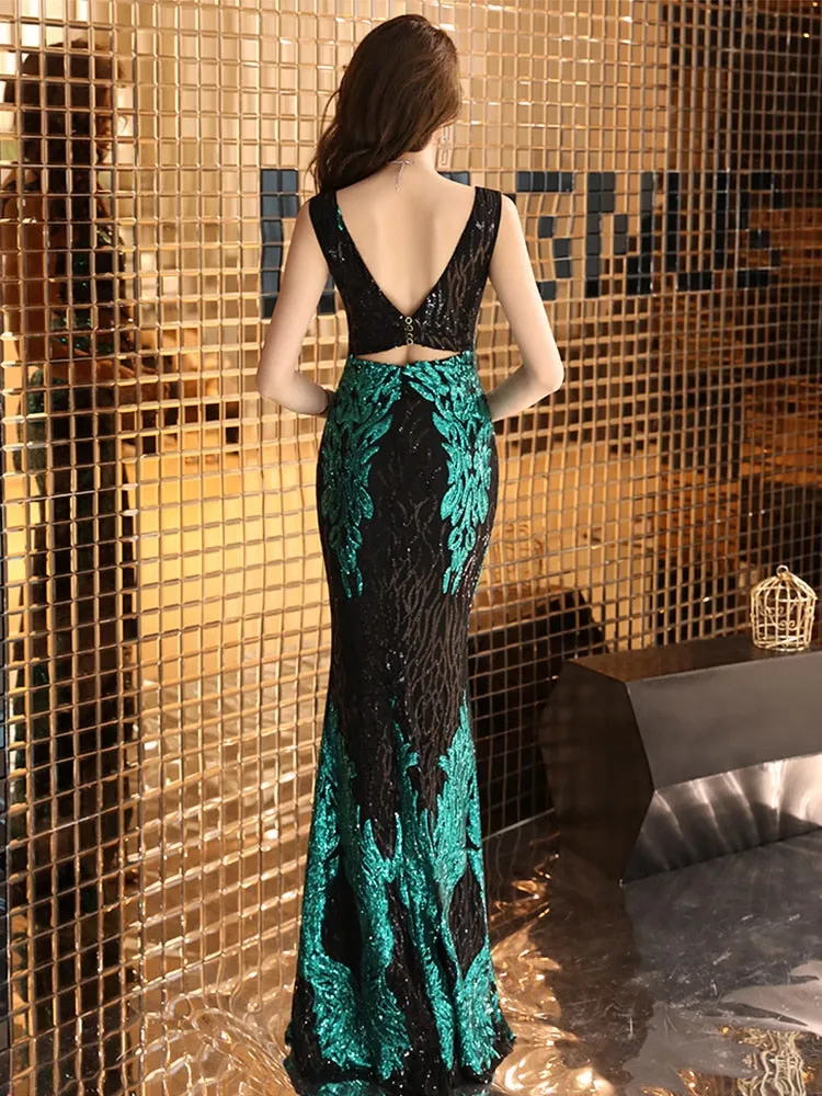 Sexy V-Neck Waist Cut-out Formal Sleeveless V-Back Mermaid Party Dress Shinng Sequins Embroider Dress