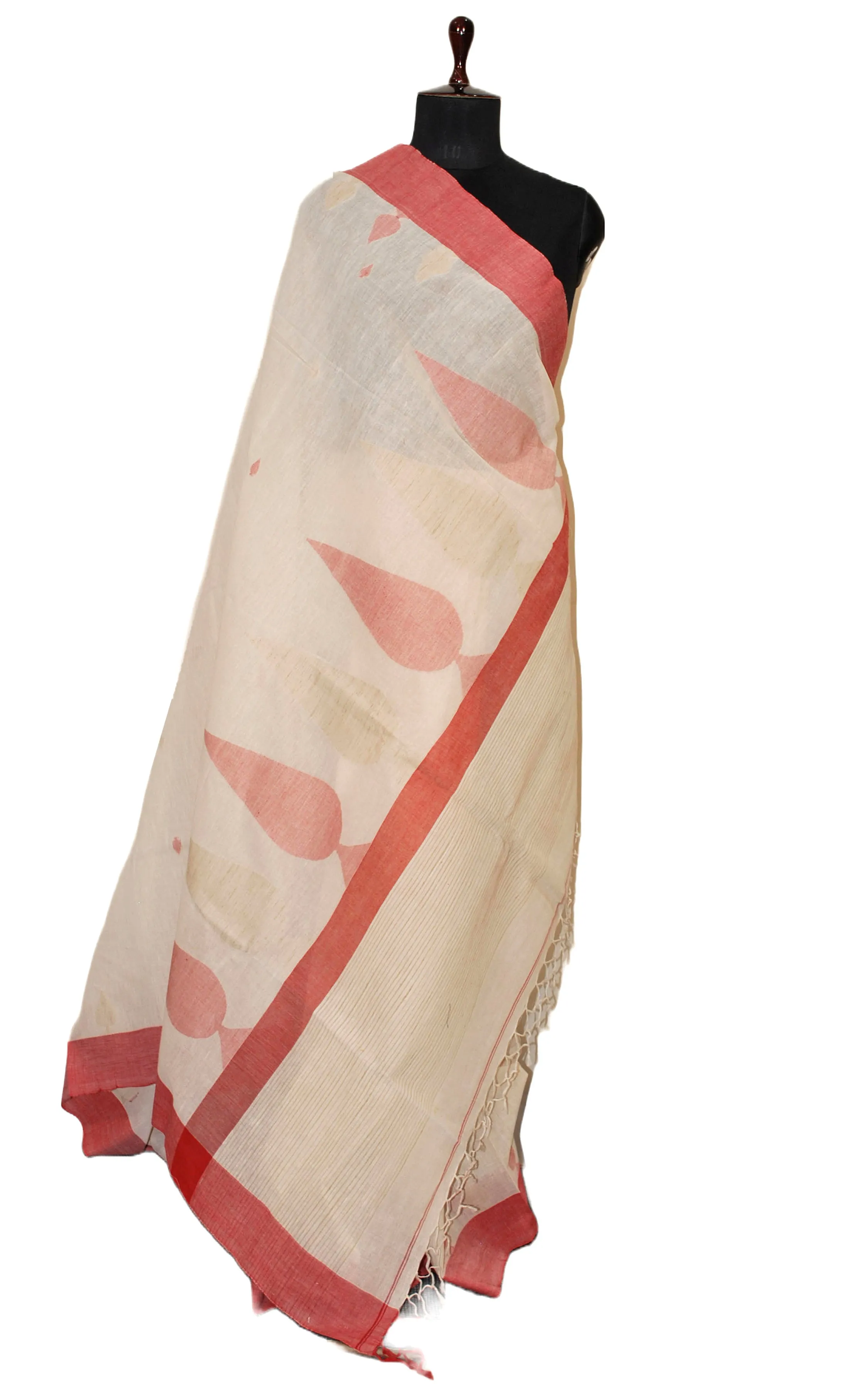 Soft Cotton Woven Jute Work Khaddar Jamdani Saree in Linen White, Beige and Red