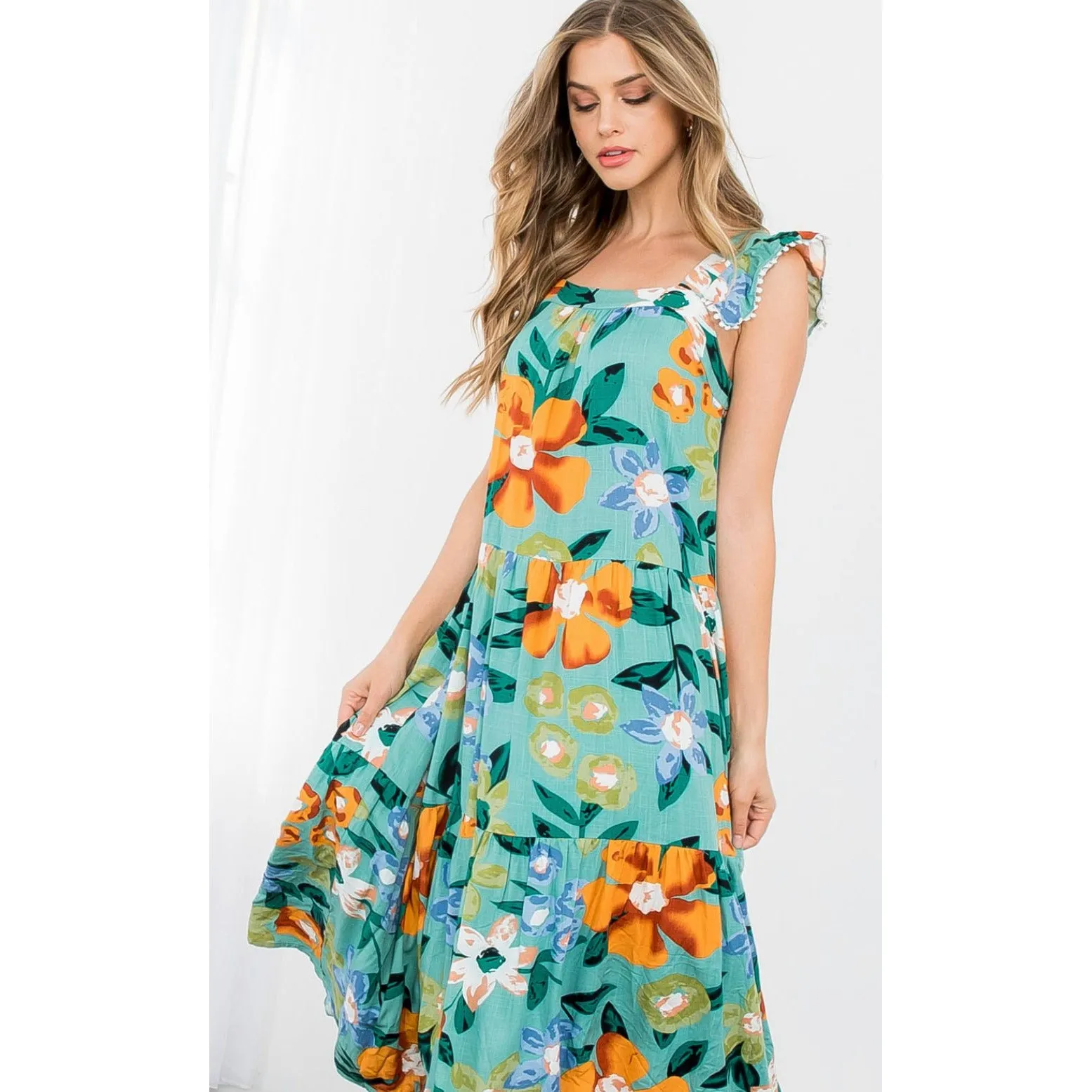 Sophia Green Floral Print Midi THML Dress-SALE