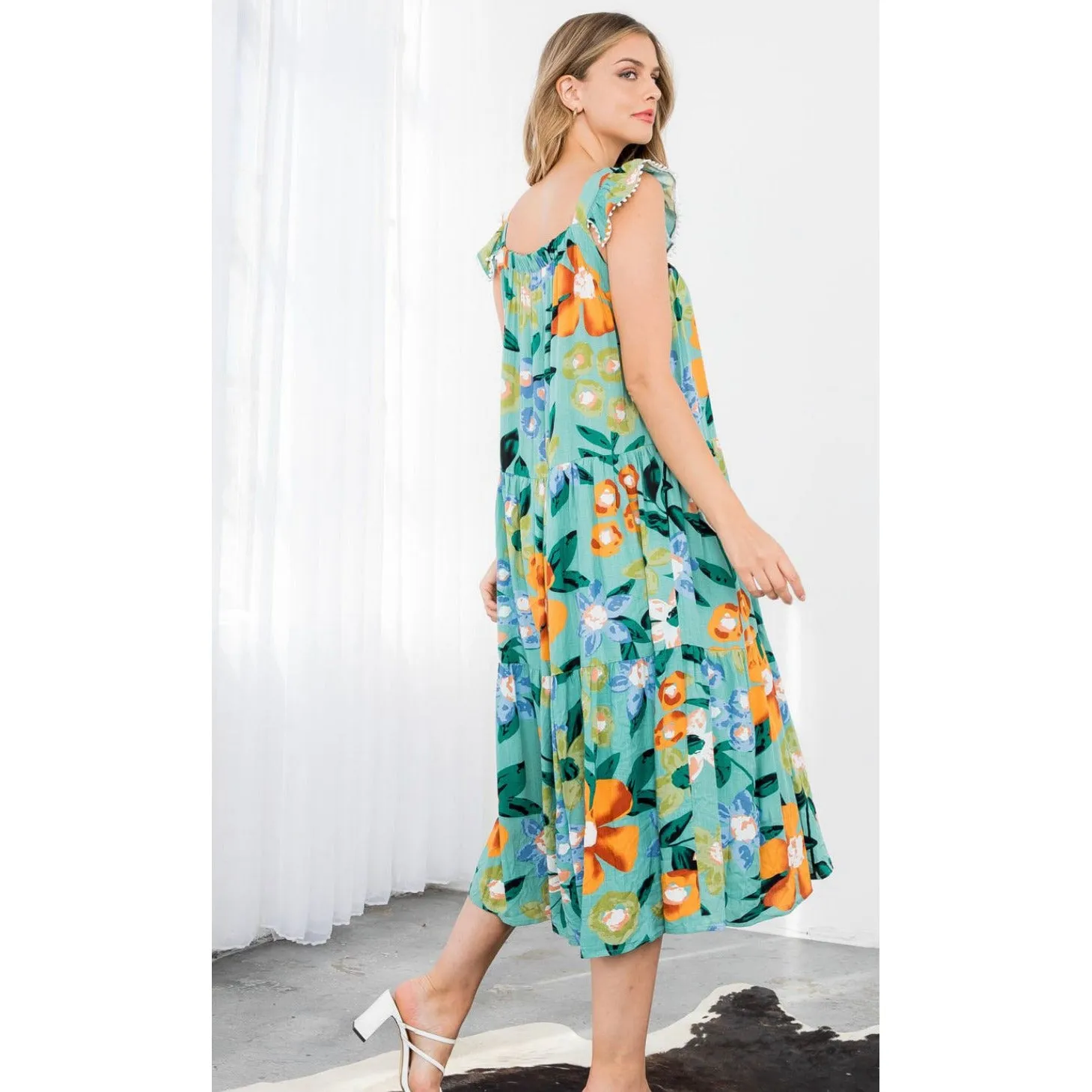 Sophia Green Floral Print Midi THML Dress-SALE