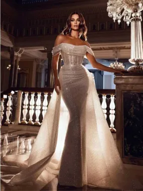 Sparkly Off Shoulder Sequins Mermaid Wedding Dress with Sweep Trailing, WD0480