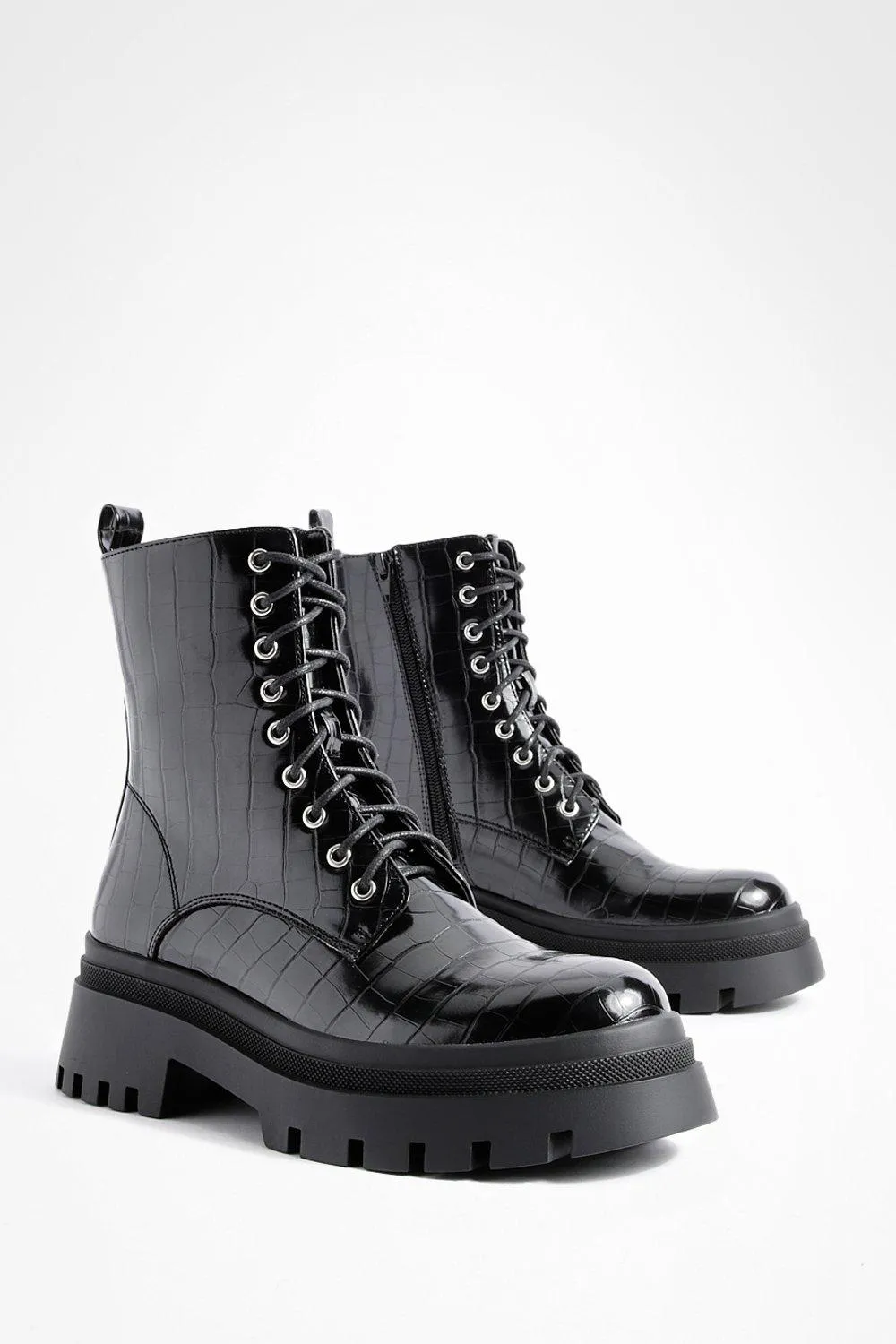 Split Sole Croc Chunky Tab Detail Combat Boots