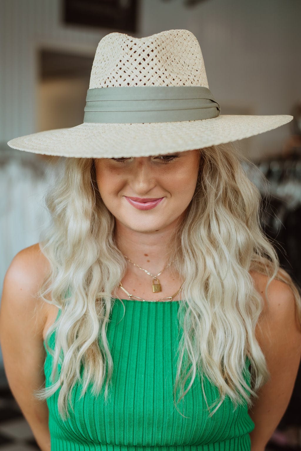 Straw Beach Hat With Olive Band