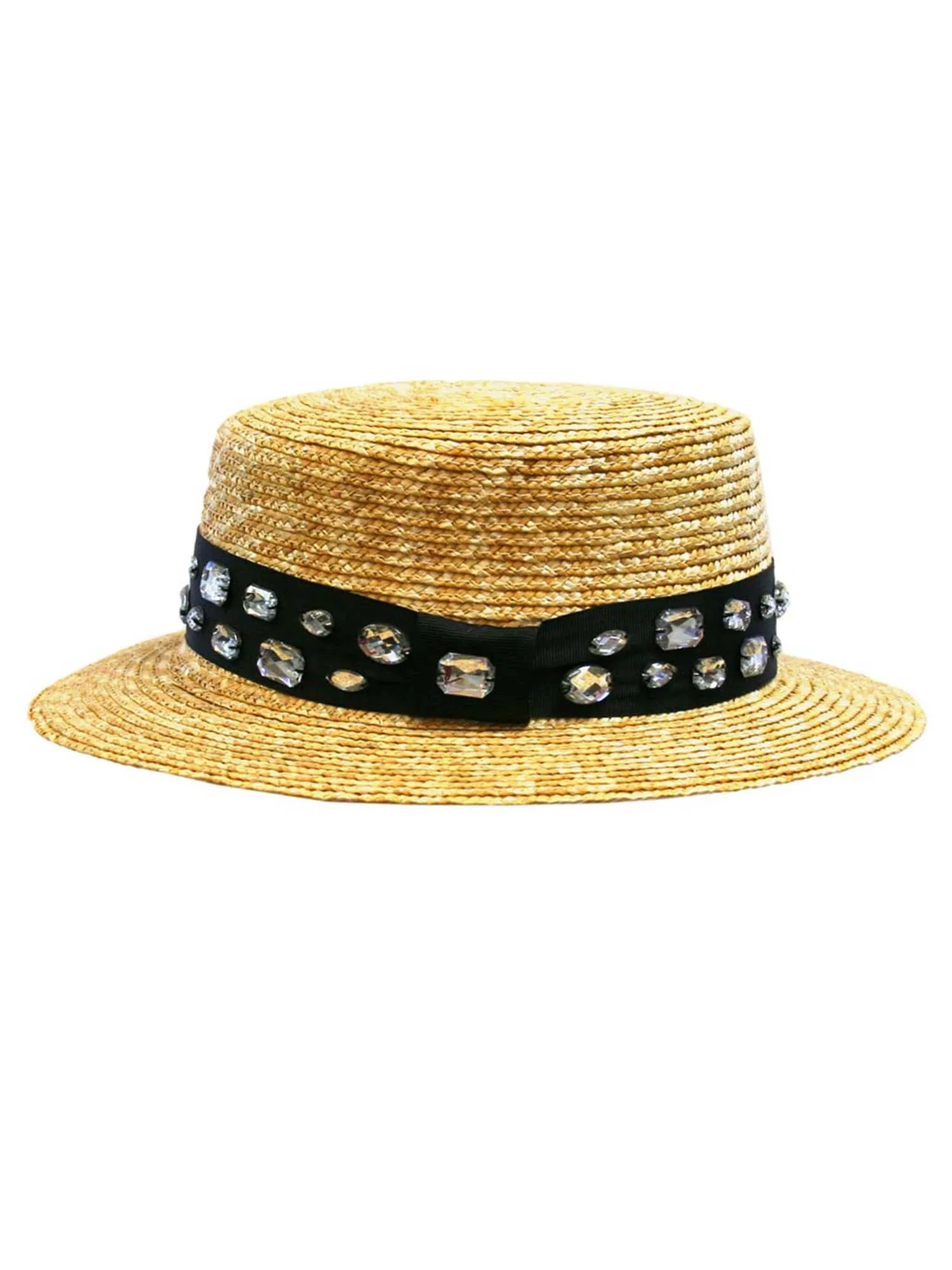 Straw Sun Hat With Black Rhinestone Band