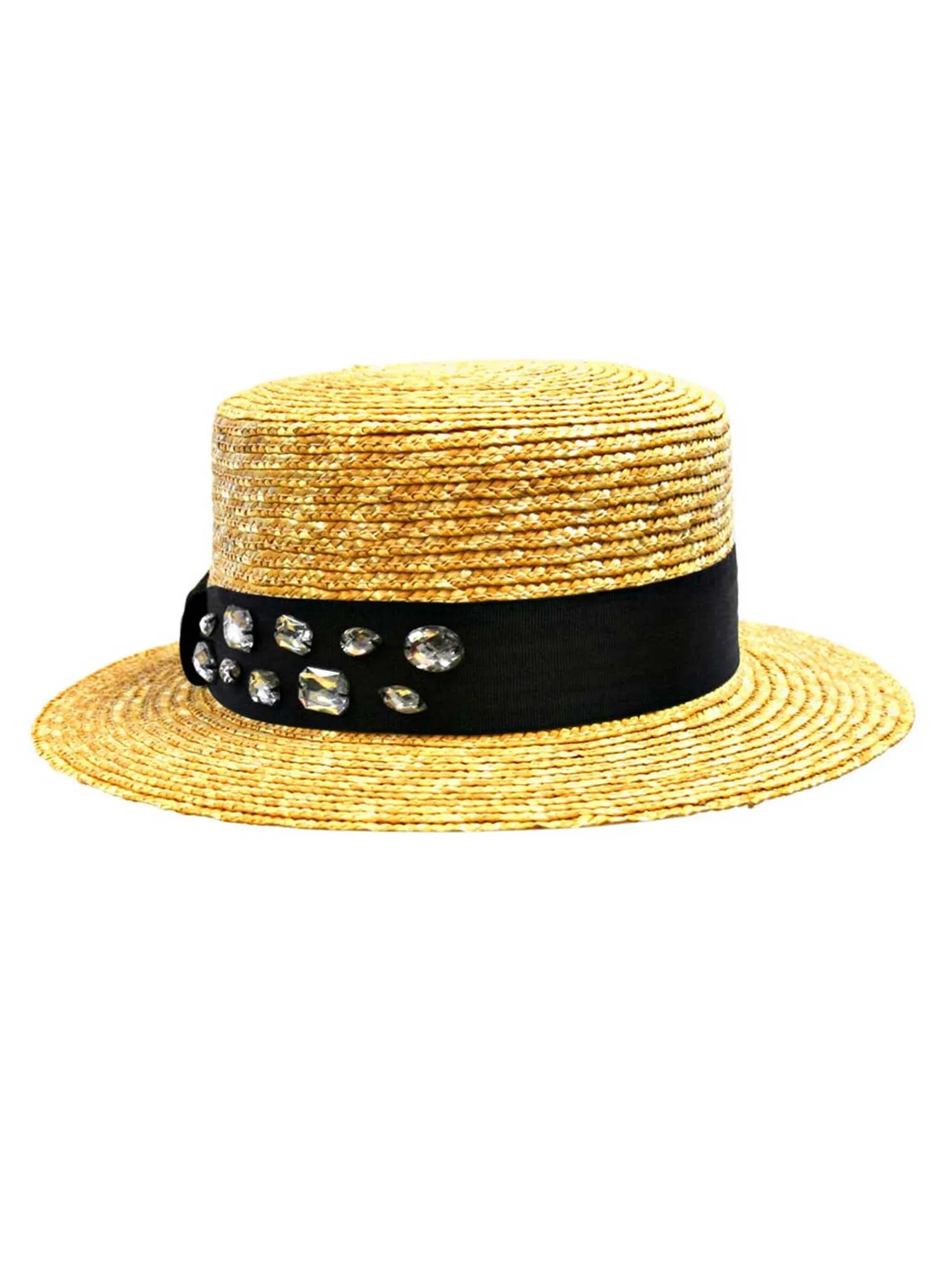 Straw Sun Hat With Black Rhinestone Band