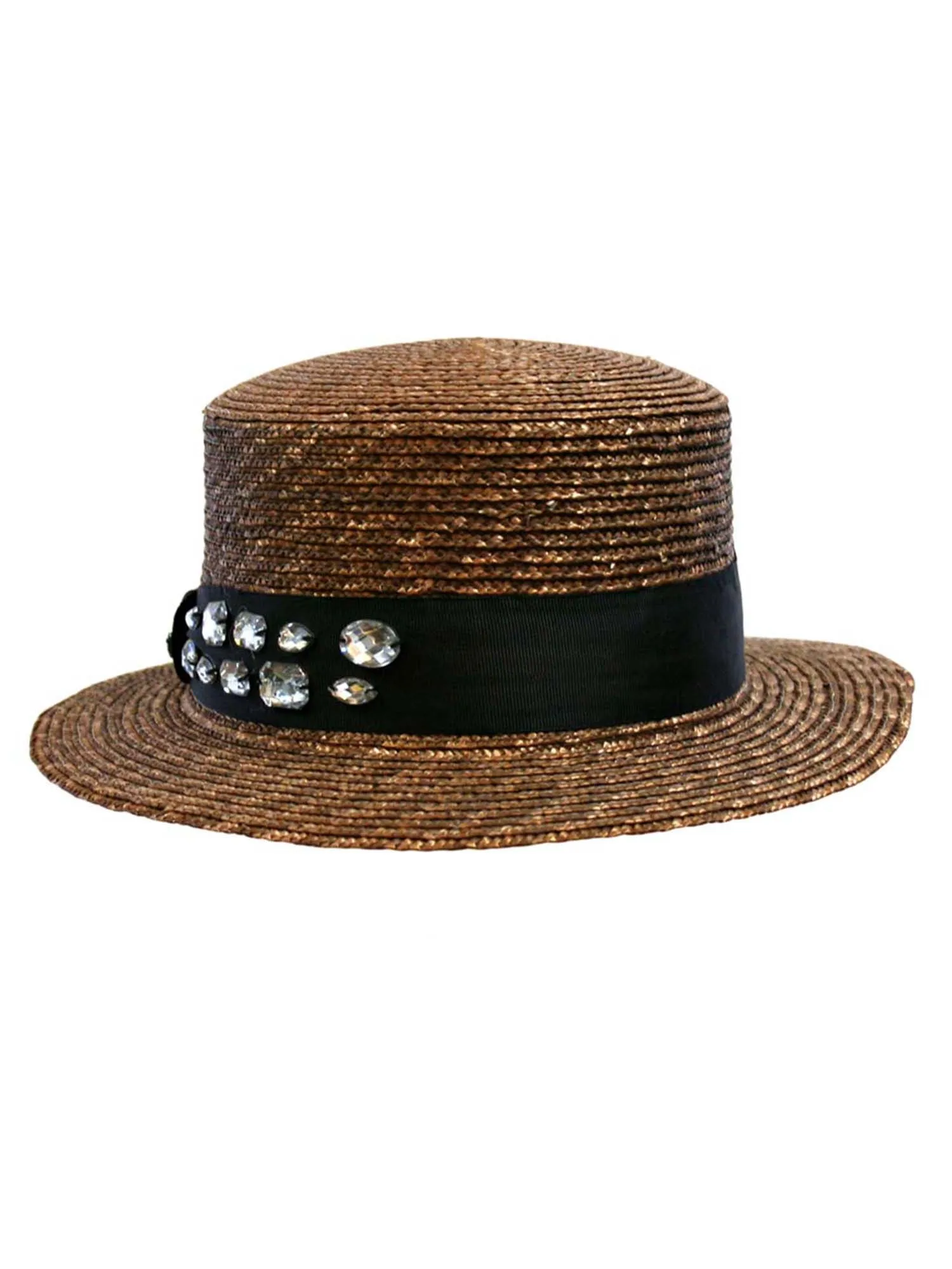 Straw Sun Hat With Black Rhinestone Band