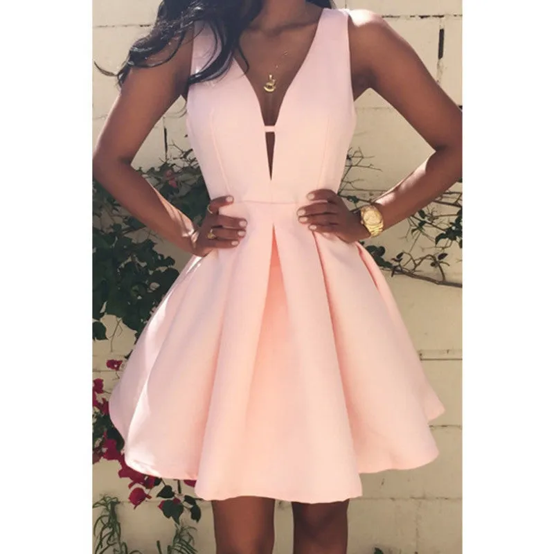 Style Sexy Women Dress Deep V-Neck Backless Sleeveless Pink Dresses Evening Party Slim A-line Dress SM6