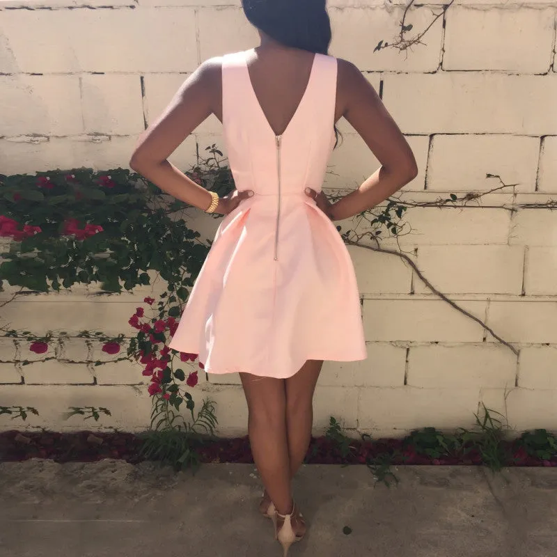 Style Sexy Women Dress Deep V-Neck Backless Sleeveless Pink Dresses Evening Party Slim A-line Dress SM6