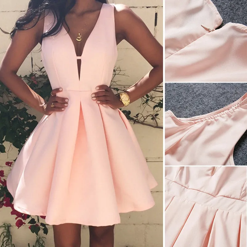 Style Sexy Women Dress Deep V-Neck Backless Sleeveless Pink Dresses Evening Party Slim A-line Dress SM6