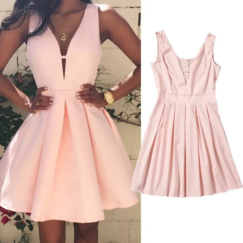 Style Sexy Women Dress Deep V-Neck Backless Sleeveless Pink Dresses Evening Party Slim A-line Dress SM6