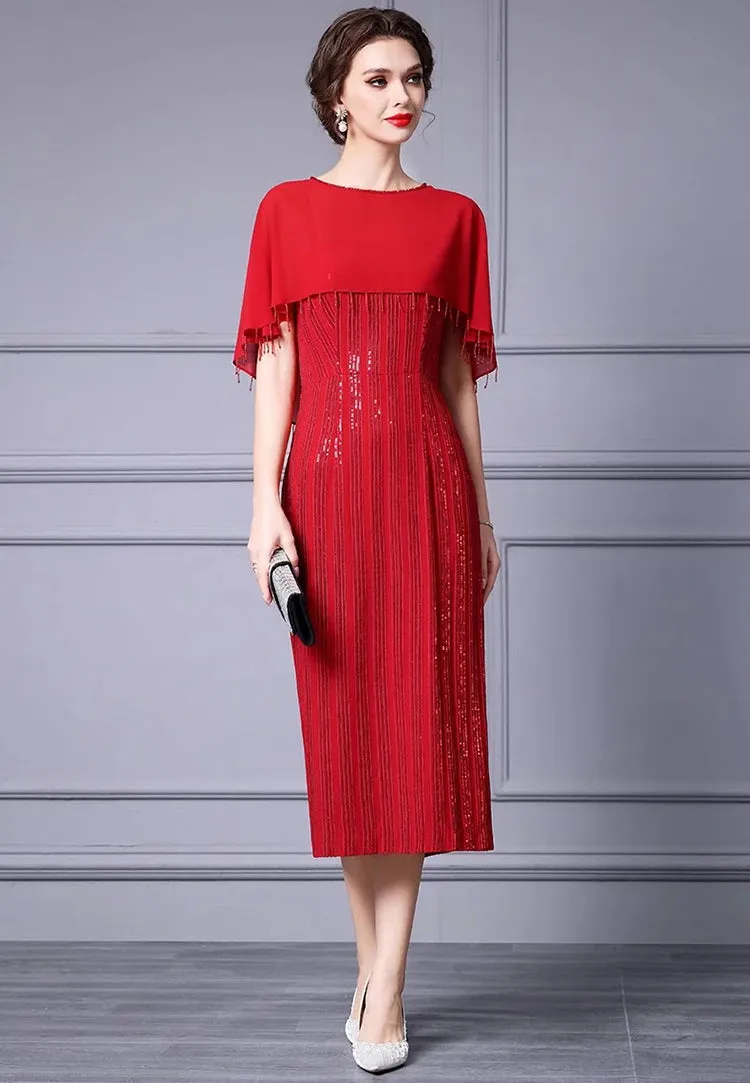 Terra Tassel Design Sequins Slim-Fit Hip Wrap Evening Dress